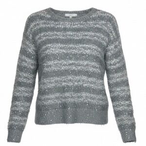 Apt 9 Womens Grey Striped Eyelash Knit Sequin Sweater Crew Neck Long Sleeve L